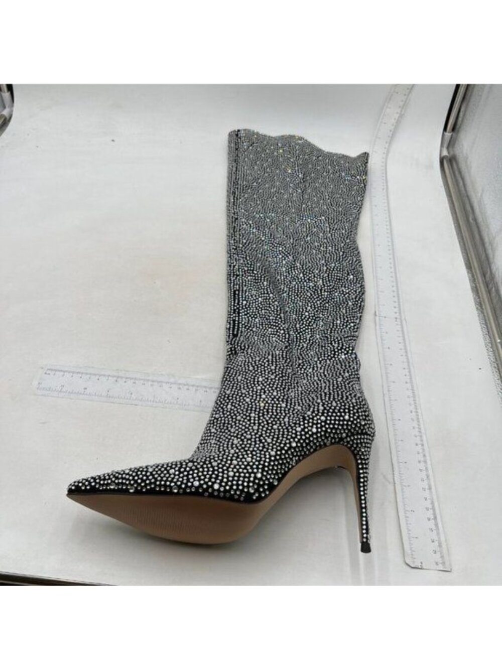 Sparkly Boots for Women, Rhinestone Knee High Boots Pointed Toe Stiletto Heeled